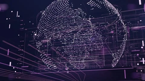 Appearing dotted globe forming links showing data and rotating in purple 3D Stock Footage 337141154