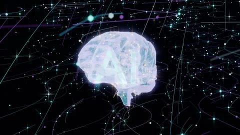 Appearing glowing brain model rotating, revealing glyph AI while pulsing for Stock Footage 337964490