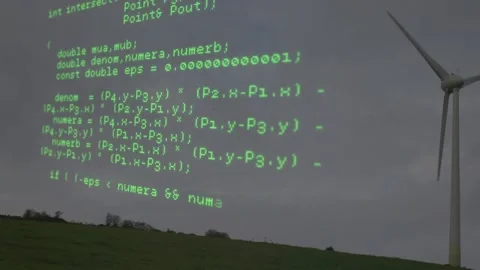 Appearing green code overlay scrolling down-left over gray pasture, visualizing Stock Footage 330355467
