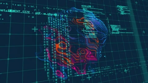 On appearing at grid, rotating neon 3D shape wrapping streaming code, pulsing Stock Footage 318194517
