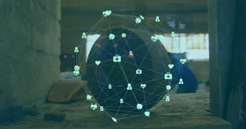 Appearing hologram sphere rotating and mapping pipe data at shop bench, with Stock Footage 330540564