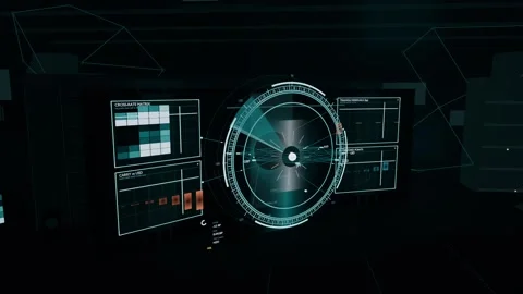 Appearing ring starting panels sliding, graphs loading in dark hub, showing teal Stock Footage 341865070