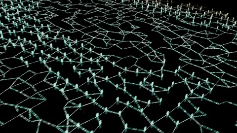 Appearing single glowing node marker seeding lattice across dark plane, camera Stock Footage 339722172