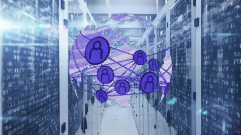 Appearing on startup, purple globe rotating in server racks, linking nodes, Stock Footage 334182713