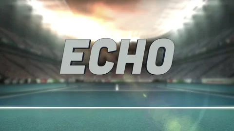 Appearing stylized 3D letters ECHO hovering over sports pitch, glowing under Stock Footage 311416038