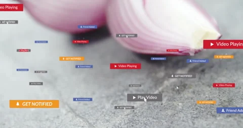 Appearing translucent play button initiating colored badges swirling across Stock Footage 310433756