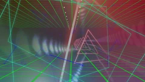 Appearing triangular wireframe racing, streaming dotted lights in neon grid Stock Footage 311474904