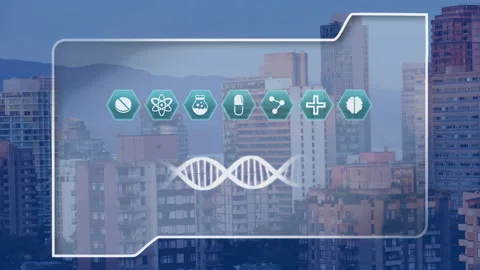 Appearing UI panel animating teal icons and DNA helix over urban skyline, Stock Footage 331006108