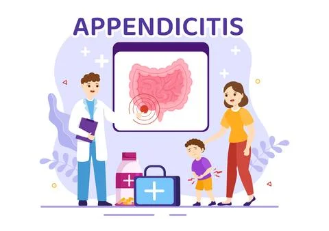 Appendicitis Illustration with Kids Inflammation of the Appendix and Stomac.. 스톡 일러스트