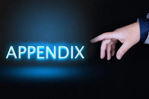 APPENDIX text is a word written in neon letters on a black background pointed Stock Photos