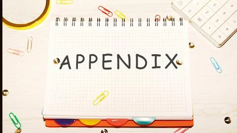 Appendix word on a checkered notebook on a light table next to a magnifying g Stock Photos