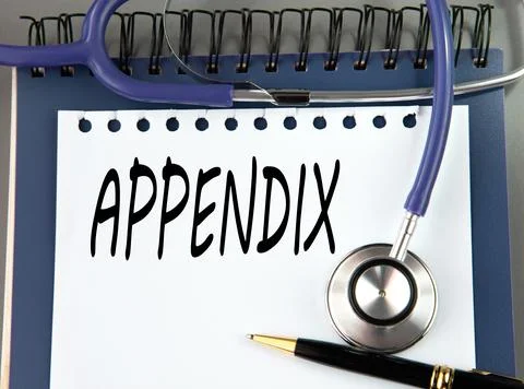 APPENDIX is a word on a white sheet against a stethoscope. Foto stock