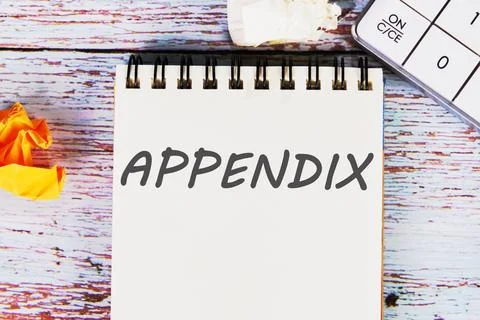Appendix word written on a sheet of notebook lying on old vintage boards with Stock Photos