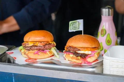 Appetising burgers for sale in the street food area of Borough Market, London Stock Photos