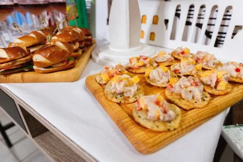 Appetizer canape with shrimp on table close up Stock Photos