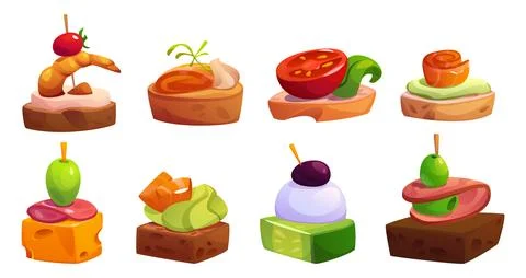 Appetizer food vector. Starter canape buffet snack Illustrazione stock