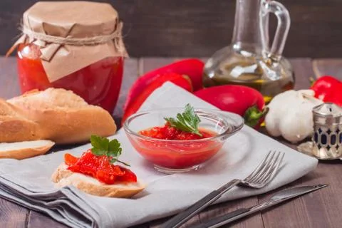 Appetizer of marinated red pepper Stock Photos