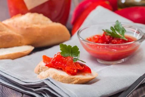 Appetizer of marinated red pepper Stock Photos