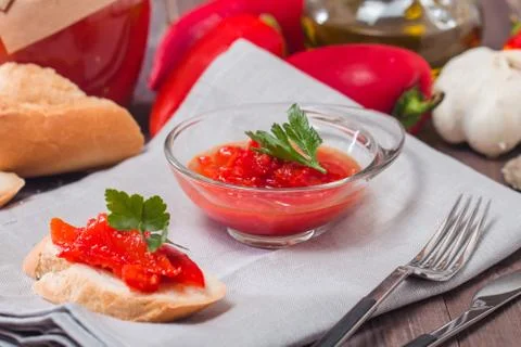 Appetizer of marinated red pepper Stock Photos