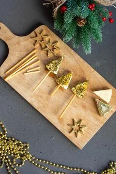 Appetizer of new year trees made of cheese , easy cooking, Stock Photos