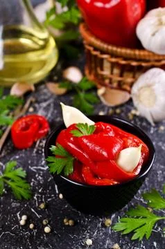 Appetizer of pickled red peppe Stock Photos