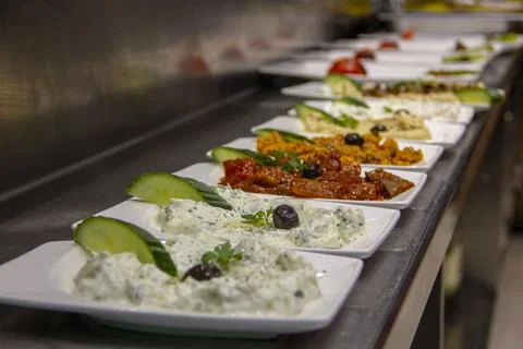 The appetizer plates lined up. Stock Photos