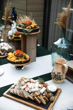 Appetizers and starters on the wedding table Stock Photos