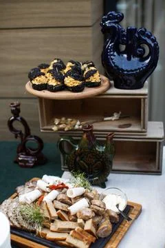 Appetizers and starters on the wedding table Stock Photos