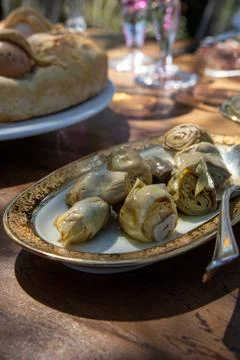 Appetizers in italian Easter lunch Stock Photos