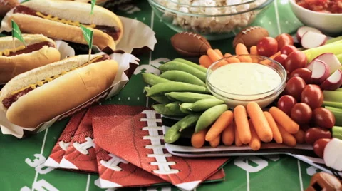 Appetizers on the table for the football party. Stock Footage
