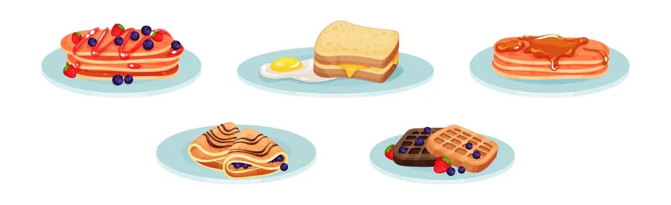 Appetizing and Tasty Breakfast Served Meal and Food Vector Set Illustrazione stock