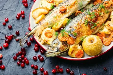 Appetizing baked mackerel Stock Photos