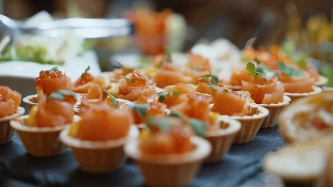 Appetizing baskets of snack red fish Video stock 126008405