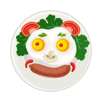 Appetizing Breakfast with Scrambled Egg and Sausage Arranged in Smiley Face Stock Illustration