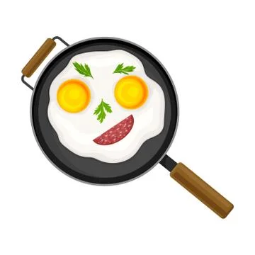 Appetizing Breakfast with Scrambled Eggs and Wurst Slice Arranged in Smiley Face Stock Illustration