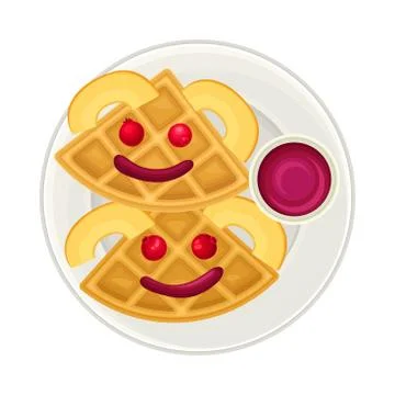 Appetizing Breakfast with Triangle Waffles and Berries Arranged in Smiley Face Stock Illustration