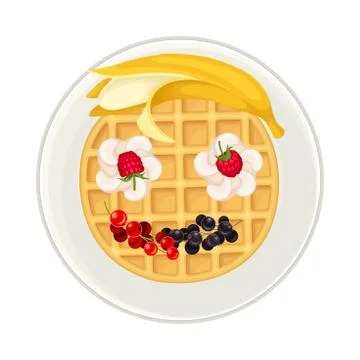 Appetizing Breakfast with Waffle and Berries Arranged in Smiley Face Above View Stock Illustration