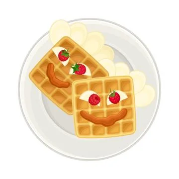 Appetizing Breakfast with Waffle and Berries Arranged in Smiley Face Above View Stock Illustration