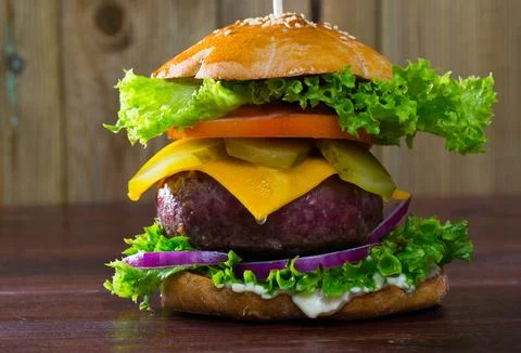 Appetizing burger with big fried meat rissole Stock Photos