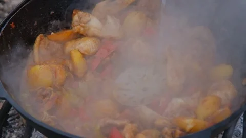 Appetizing chicken fried in a slow motion cauldron. Juicy chicken in a cauldron Video stock 278463291