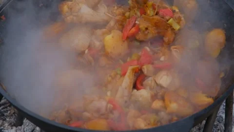 Appetizing chicken fried in a slow motion cauldron. Juicy chicken in a cauldron Stock Footage 280213839