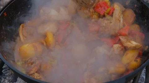 Appetizing chicken fried in a slow motion cauldron. Juicy chicken in a cauldron Stock Footage 280929005