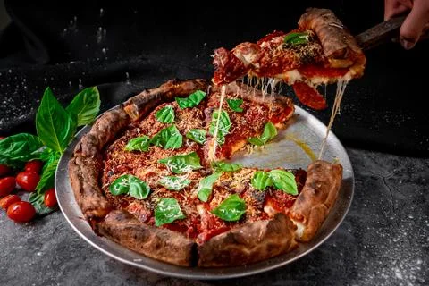 Appetizing deep dish pizza Chicago style Stock Photos