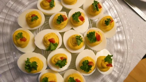 Appetizing deviled eggs on serving platter 스톡 동영상 269965269