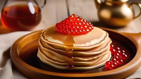 An appetizing dish with red caviar on thin, ruddy pancakes laid on a wooden.. Foto stock