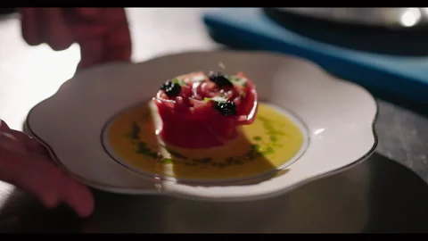 An Appetizing Dish Of Red Fish In Form Of Rose. Stock Footage 275591345