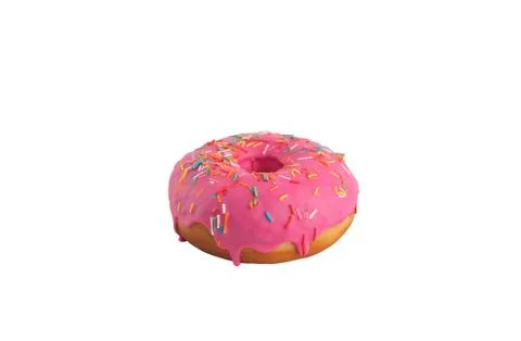 Appetizing donut in a pink glaze with multi-colored sprinkle on a white backg Stock Photos