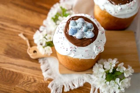 Appetizing Easter cake made from yeast dough, beautifully decorated Stock Photos