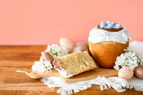 Appetizing Easter cake made from yeast dough, beautifully decorated Stock Photos