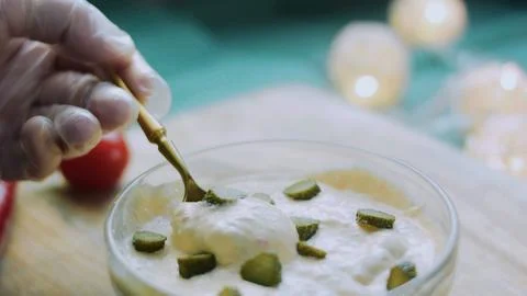 Appetizing focused kitchen: presenting finished creamy pickle sauce Stock Photos